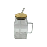 Square Glass Jar With Handle& Straw(7X14Cm) - Transparent