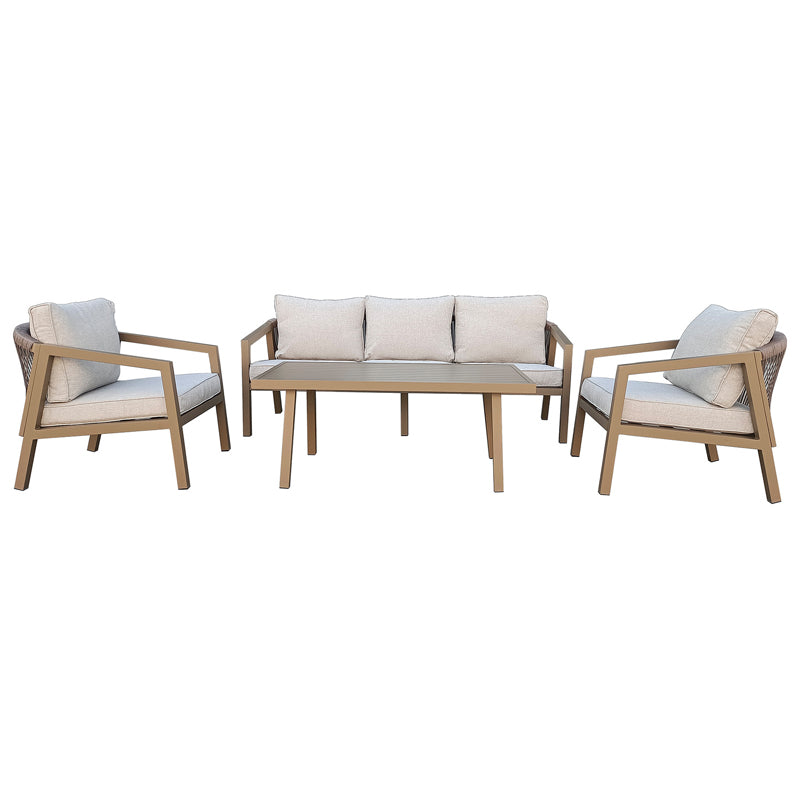 4Pc Aluminum Sofa Set – Cushions (3-Seater + 1-Seater + Table)-White&Wooden