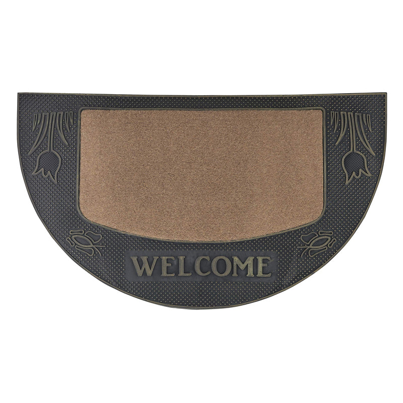 Half Moon Welcome Doormat With Flower 45X75Cm - Black&Brown