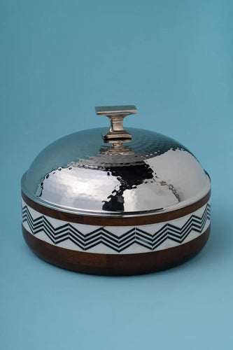 Wooden Bowl With Steel Lid - Brown & Silver Color