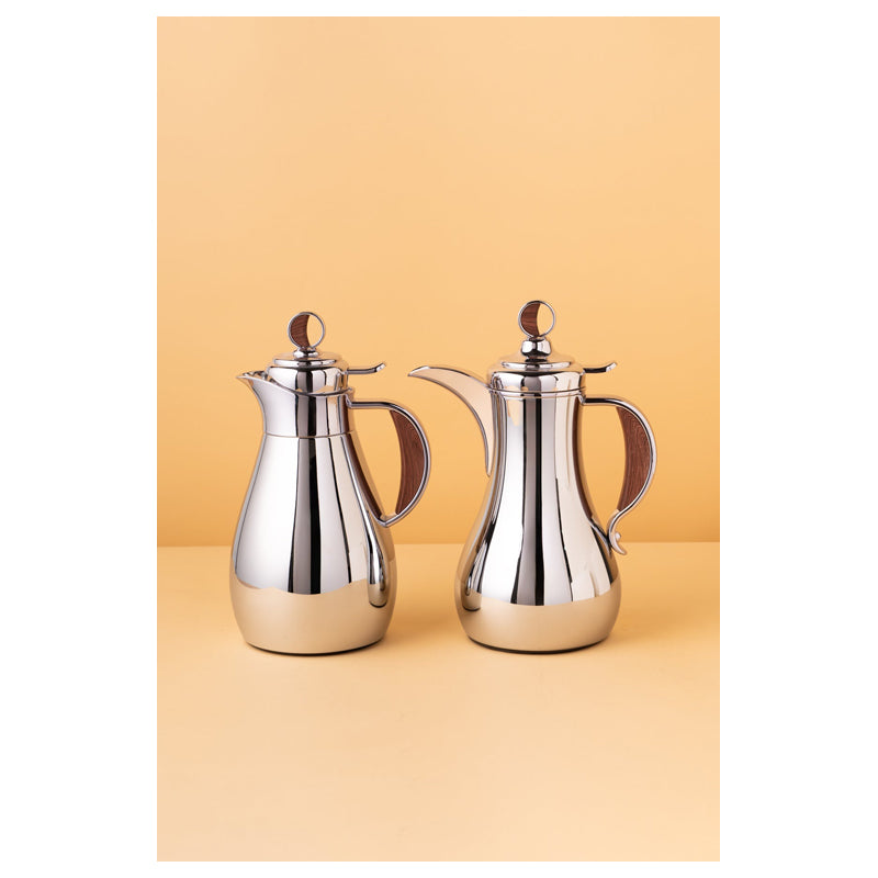 Waba Sanwan Flask Set 2 Pcs 1/0.7 L-Shiny Silver / Wooden