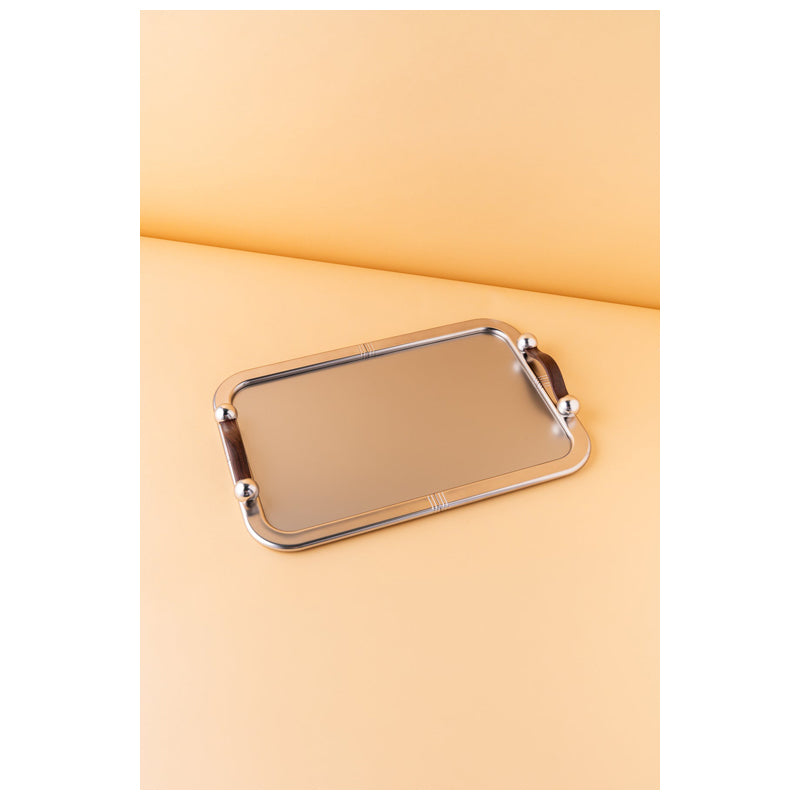Waba Gf7 Rectangular Serving Tray 1 Pcs-Matt Silver / Wooden Handle