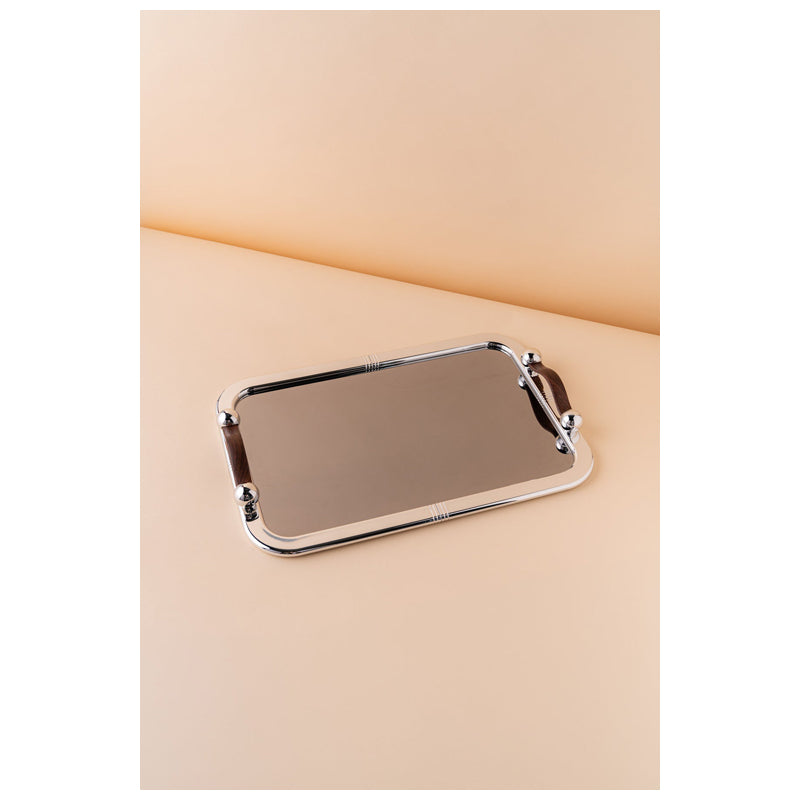 Waba Gf7 Rectangular Serving Tray 1 Pcs-Shiny Silver / Wooden Handle