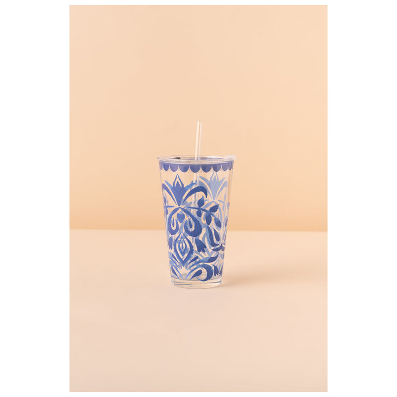 Waba B33 Glass Mug With Lid + Straw-Blue