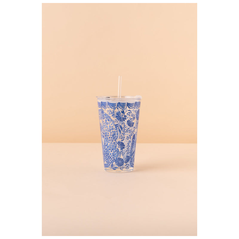 Waba B37 Glass Mug With Lid + Straw-Blue