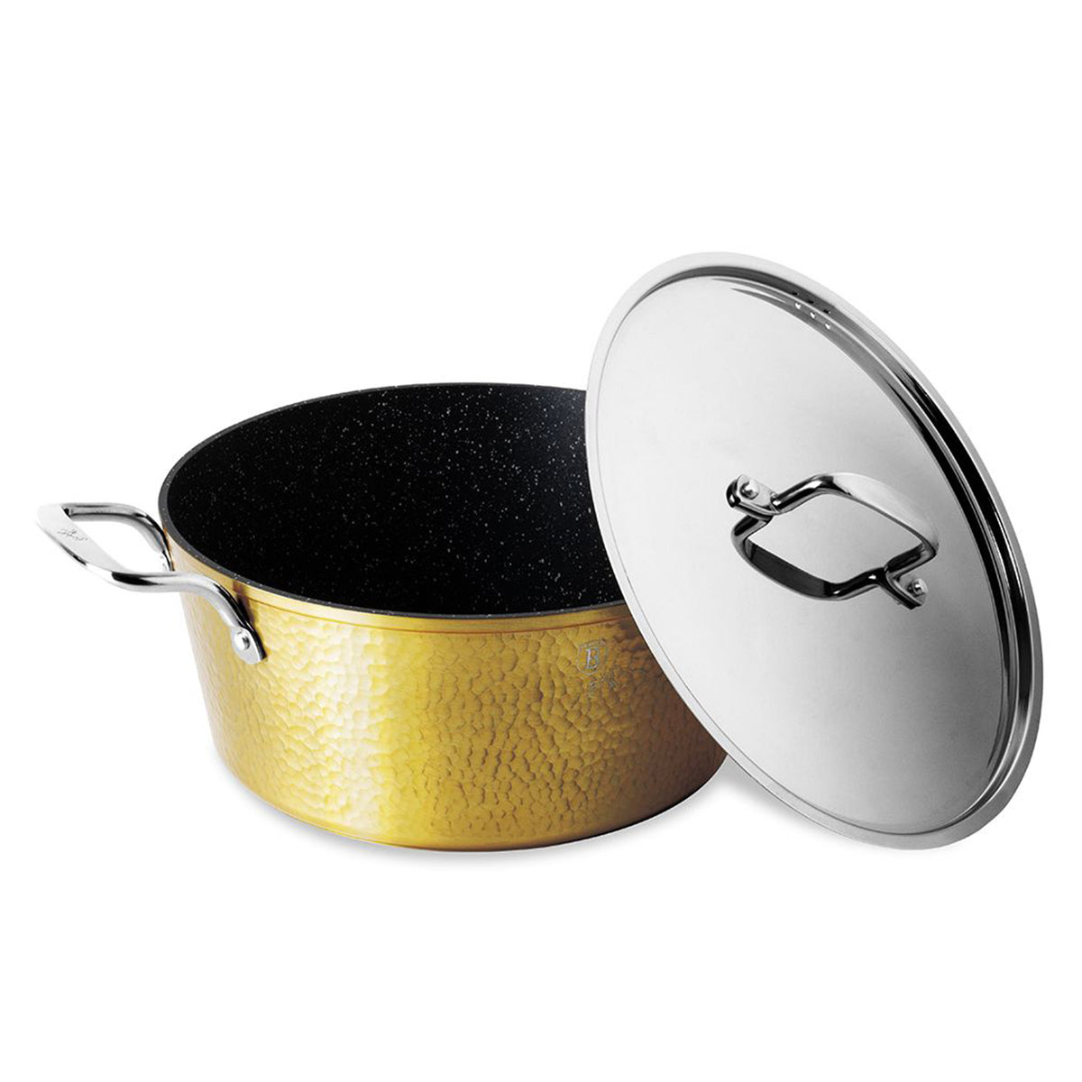 Hammered casserole with stainless steel lid and handles size 32 cm gold