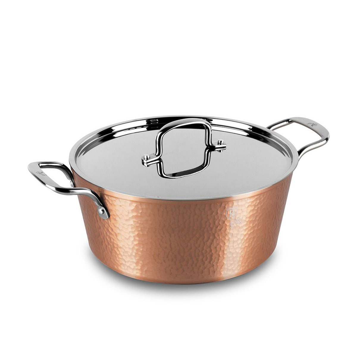 Hammered casserole with stainless steel lid and handles size 24 cm copper color