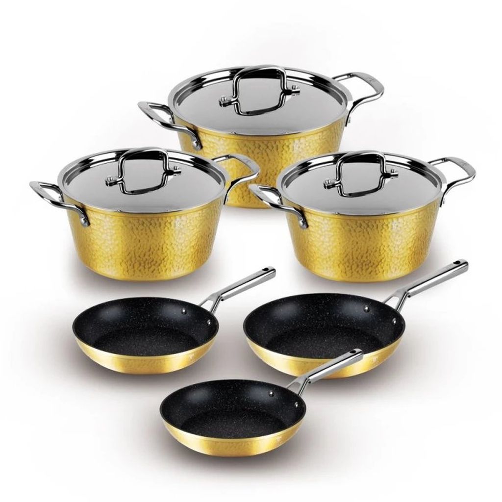 Berlinger Haus 9-Piece Hammered Granite Cookware Set With Stainless Steel Handle And Lid: 30+26+22Cm Pots + 30+26+22Cm Pans, Gold-Gold