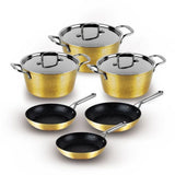 Berlinger Haus 9-Piece Hammered Granite Cookware Set With Stainless Steel Handle And Lid: 30+26+22Cm Pots + 30+26+22Cm Pans, Gold-Gold