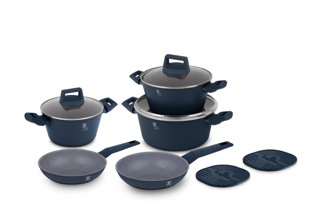 Berlinger Haus 10-Piece Granite Cookware Set With 20+24Cm Pans + 20Cm (2.2L) + 24Cm (3.5L) + 28Cm (5.35L) Saucepans With Lids + 2 Heat-Resistant Bases (Blue)-Navy
