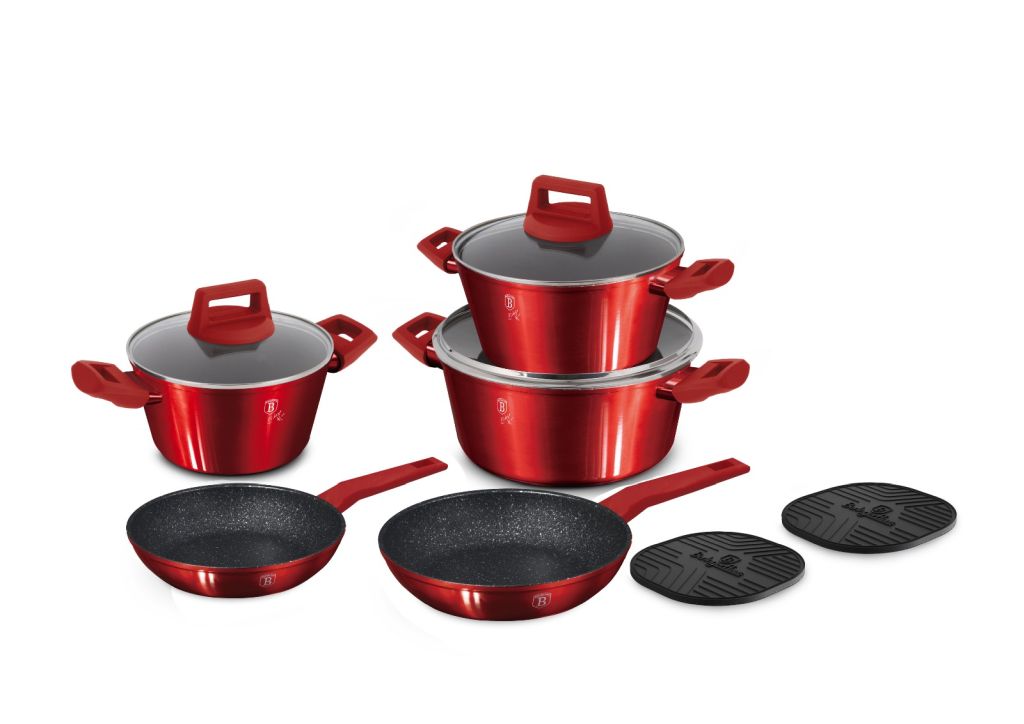 Berlinger Haus 10-Piece Granite Cookware Set With 20Cm And 24Cm Pans + 20Cm (2.2L) + 24Cm (3.5L) + 28Cm (5.35L) Saucepans With Lids + 2 Heat-Resistant Red Bases-Red
