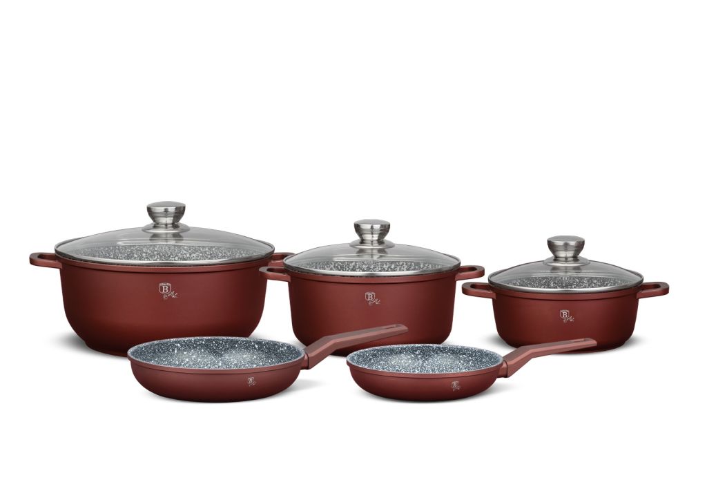 Berlinger Haus 8-Piece Serastone Cookware Set With 20+24Cm Frying Pans + 20Cm (2.2L) + 24Cm (3.5L) + 28Cm (5.35L) Pots With Lids-Red