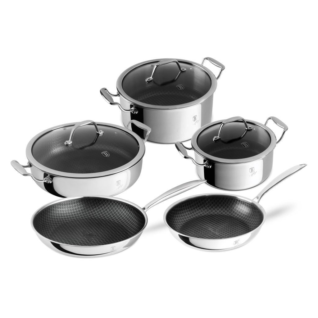 Berlinger Haus 8-Piece Eternal Cookware Set With Glass Lids (28+24+20 Cm) + Frying Pans (28+24 Cm)-Silver