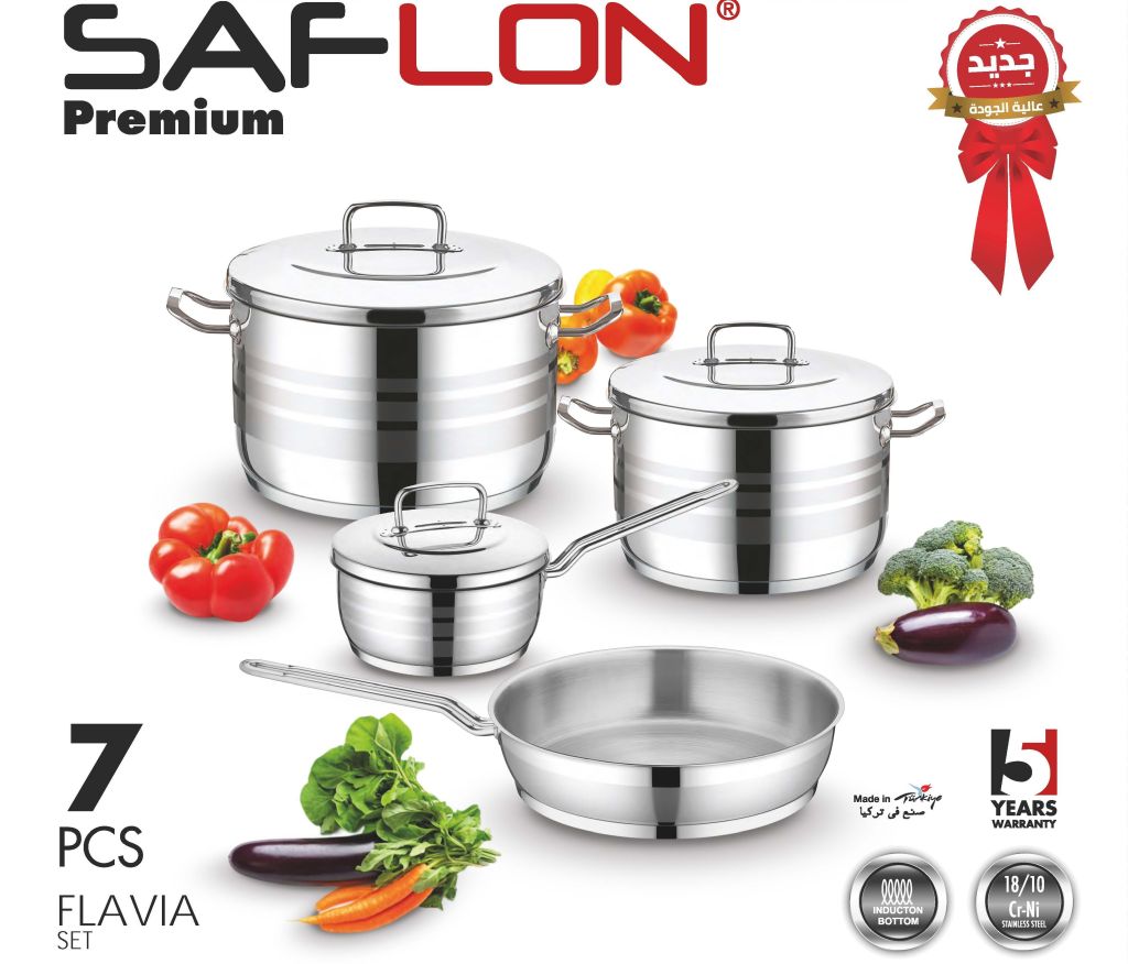 Saflon Premium Stainless Steel 7-Piece Set (20+24)Cm + 24Cm Frying Pan + 18Cm Casserole With Lid-Silver