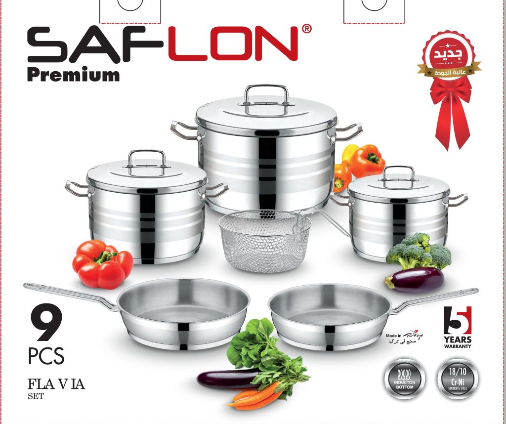 Saflon Premium Stainless Steel 9-Piece Set (20+24+28) Cm + Frying Pan (20+24) Cm + Stainless Steel Basket 22 Cm-Silver