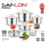 Saflon Premium Stainless Steel 10-Piece Set (20+24+28) Cm Pots + 26 Cm Flat Saucepan + 26 Cm Frying Pan + 22 Cm Stainless Steel Basket-Silver