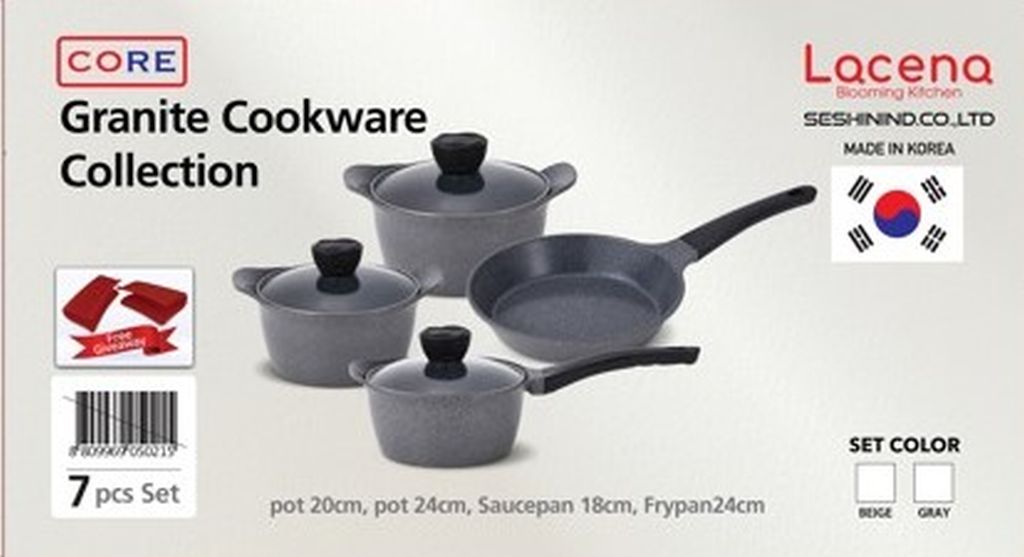 Lacena Core Granite 7-Piece Set: 24+20 Cm Pots And 18+24 Cm Frying Pan With Gray Glass Lid-Grey