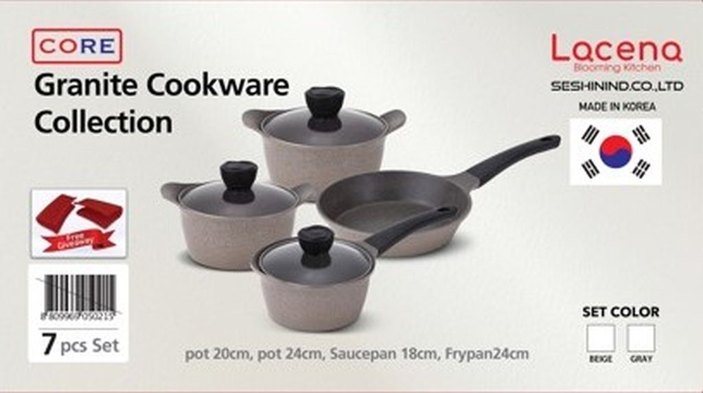 Lacena Core Granite 7-Piece Set: 24+20 Cm Pots And 18+24 Cm Frying Pan With Beige Glass Lid-Beige