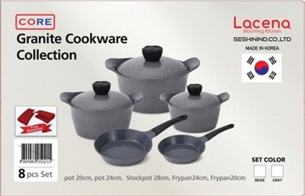 Lacena Core Granite 8-Piece Set: 28+24+20 Cm Pots And 20+24 Cm Frying Pan; Gray Aluminum Lid-Grey