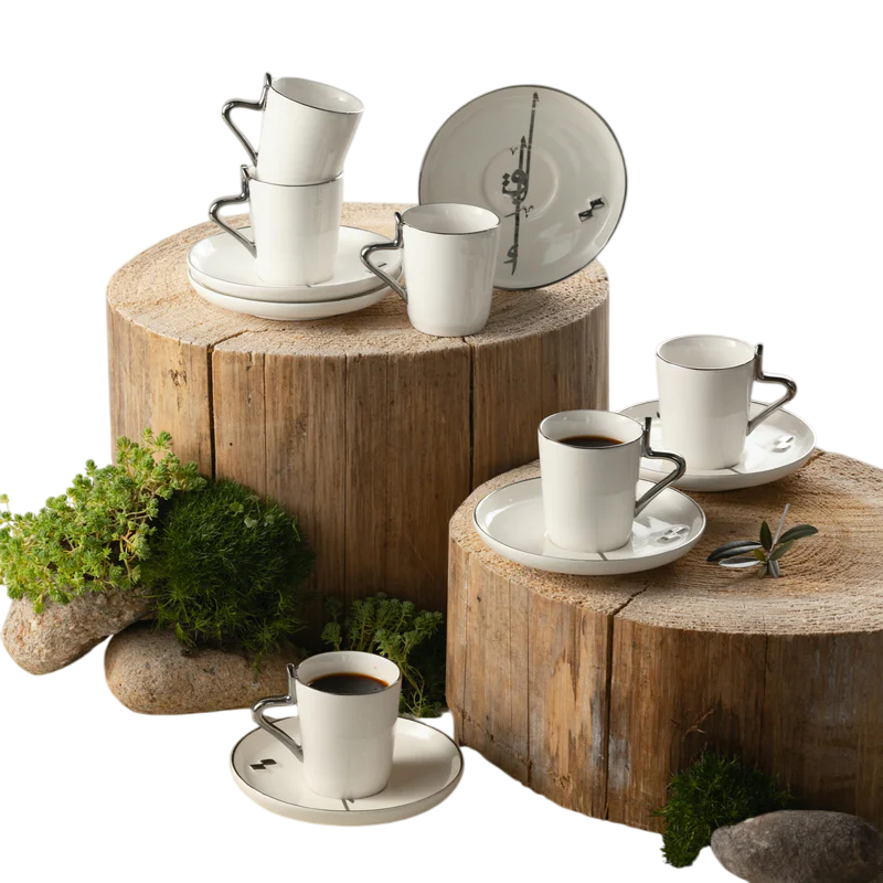 Turkish Coffee Set 12 Pcs - Pearl White + Silver