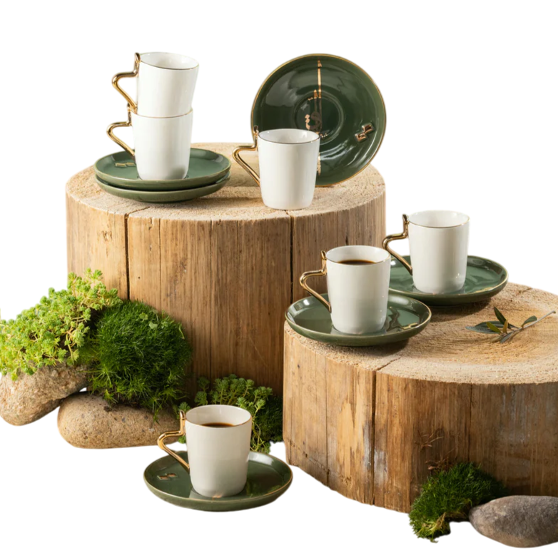 Turkish Coffee Set 12 Pcs - Olive + Gold