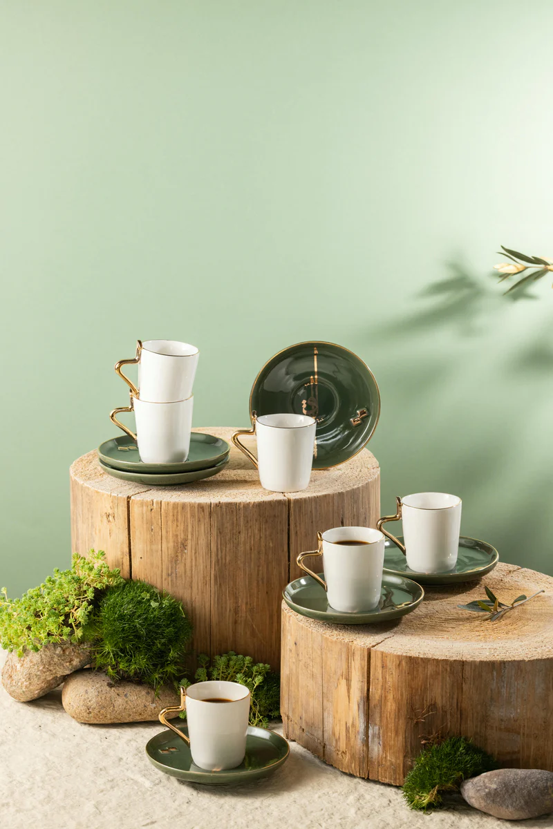 Turkish Coffee Set 12 Pcs - Olive + Gold