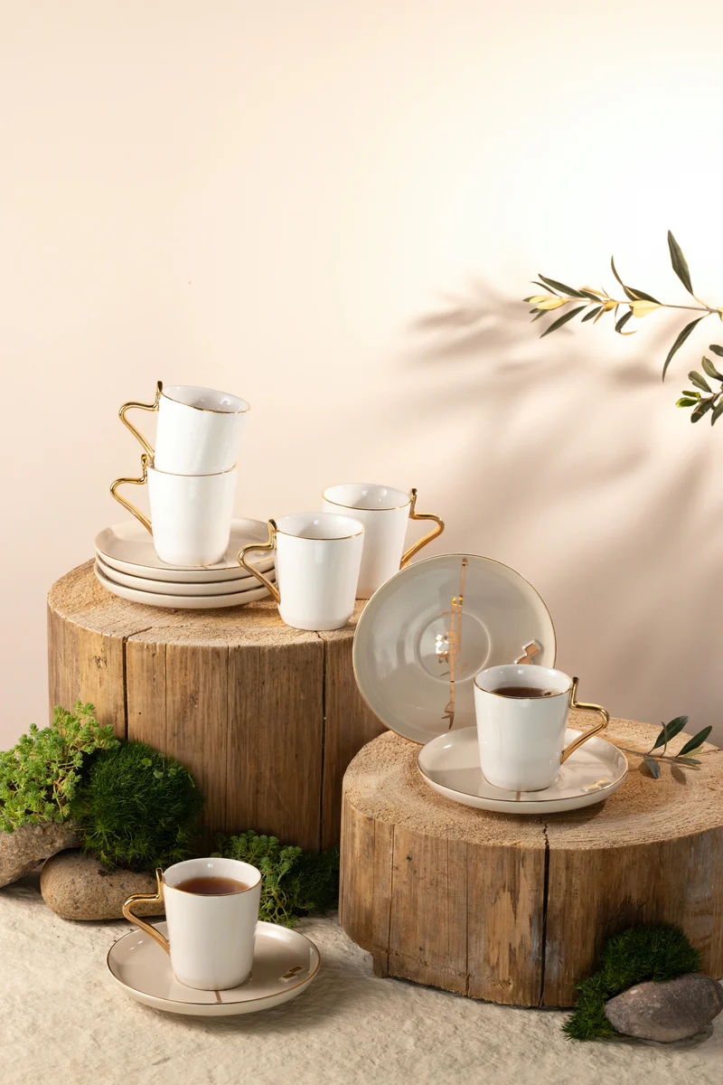 Porcelain Tea Set 12 Pcs - Beige + Gold