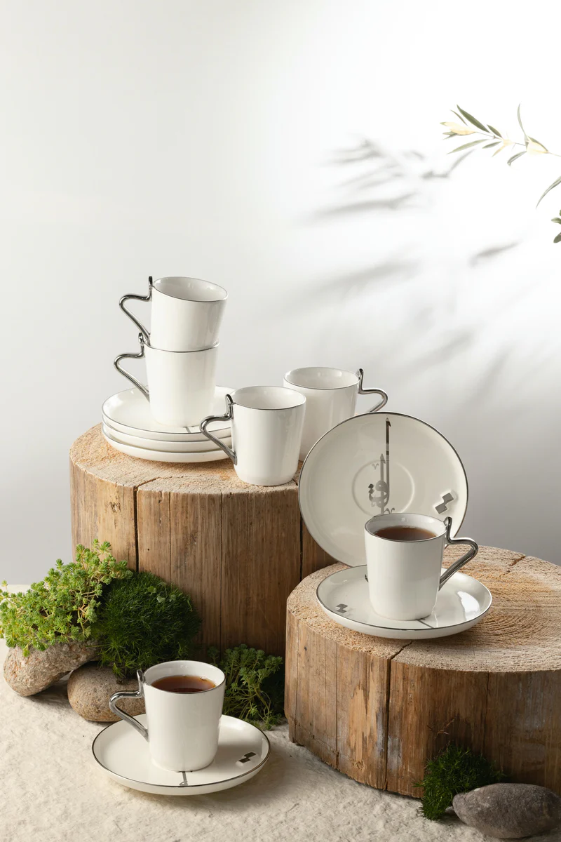 Porcelain Tea Set 12 Pcs - Pearl White + Silver