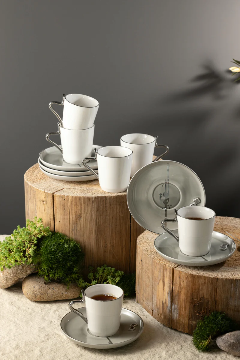 Porcelain Tea Set 12 Pcs - Grey + Silver