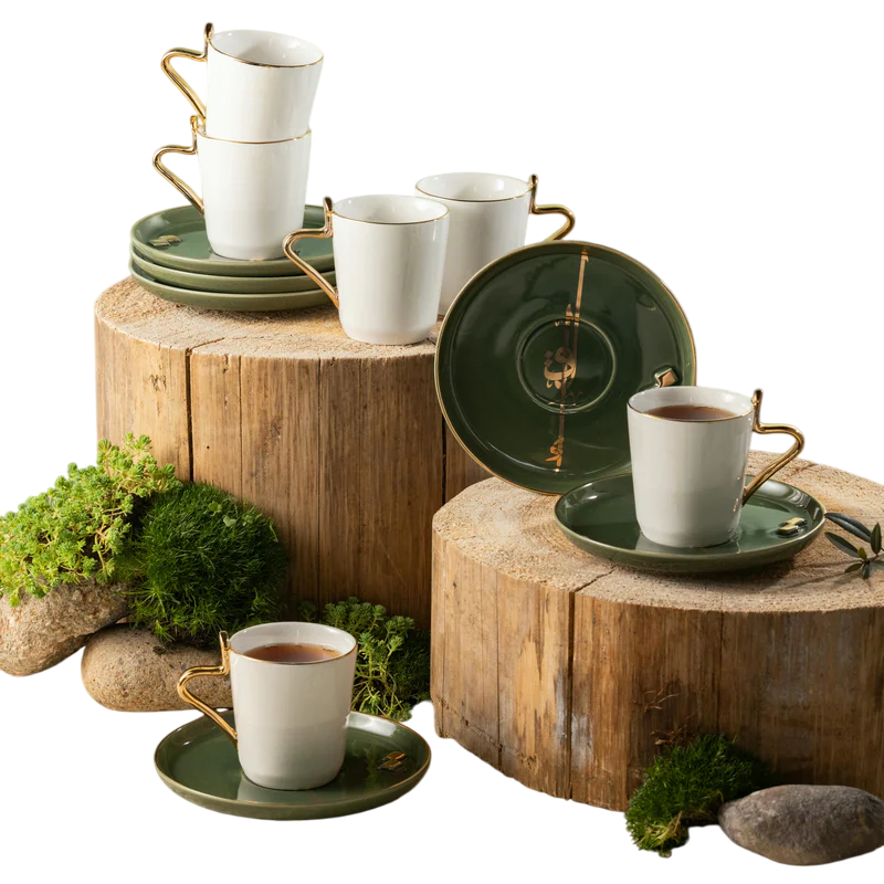 Porcelain Tea Set 12 Pcs - Olive + Gold