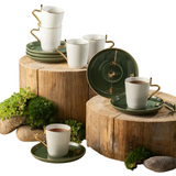 Porcelain Tea Set 12 Pcs - Olive + Gold
