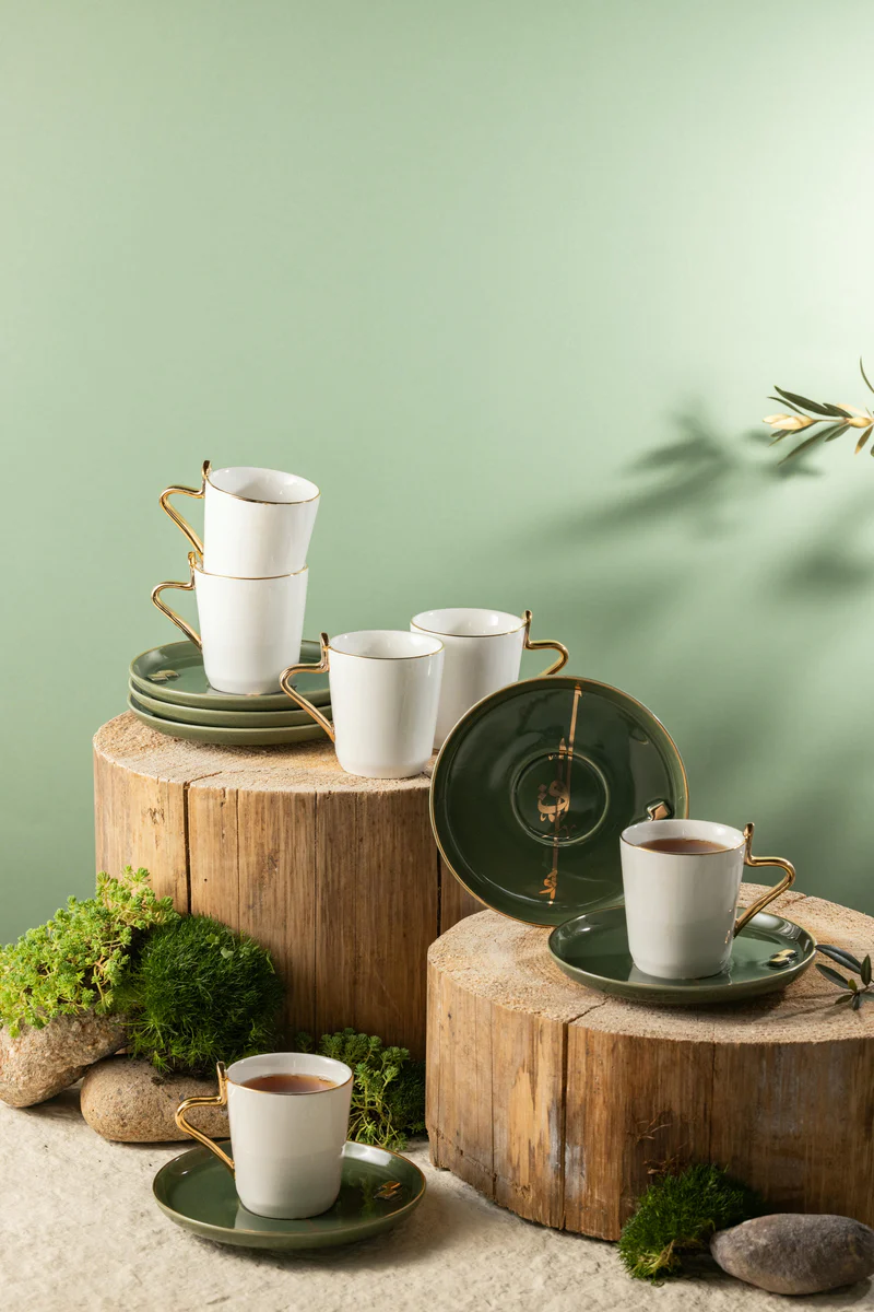 Porcelain Tea Set 12 Pcs - Olive + Gold