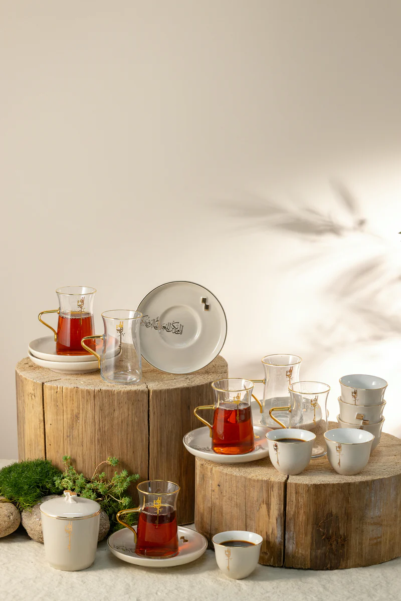 Tea And Arabic Coffee Set 19 Pcs - Beige + Gold