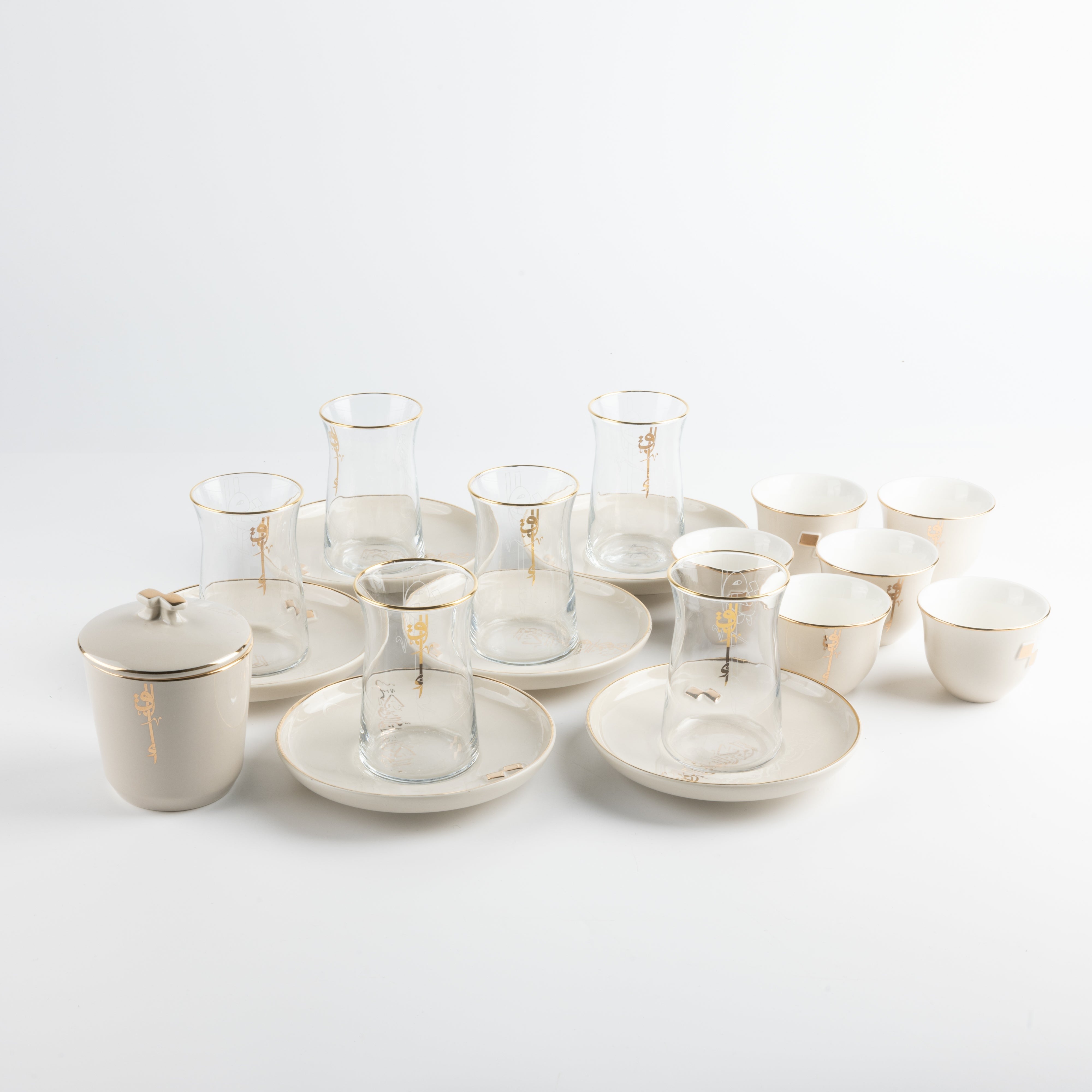Tea And Arabic Coffee Set 19 Pcs - Beige + Gold