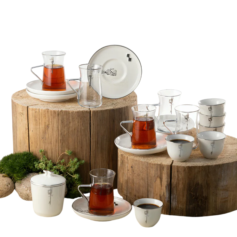 Tea And Arabic Coffee Set 19 Pcs - Pearl White + Silver
