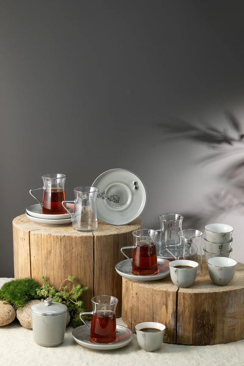 Tea And Arabic Coffee Set 19 Pcs - Grey + Silver