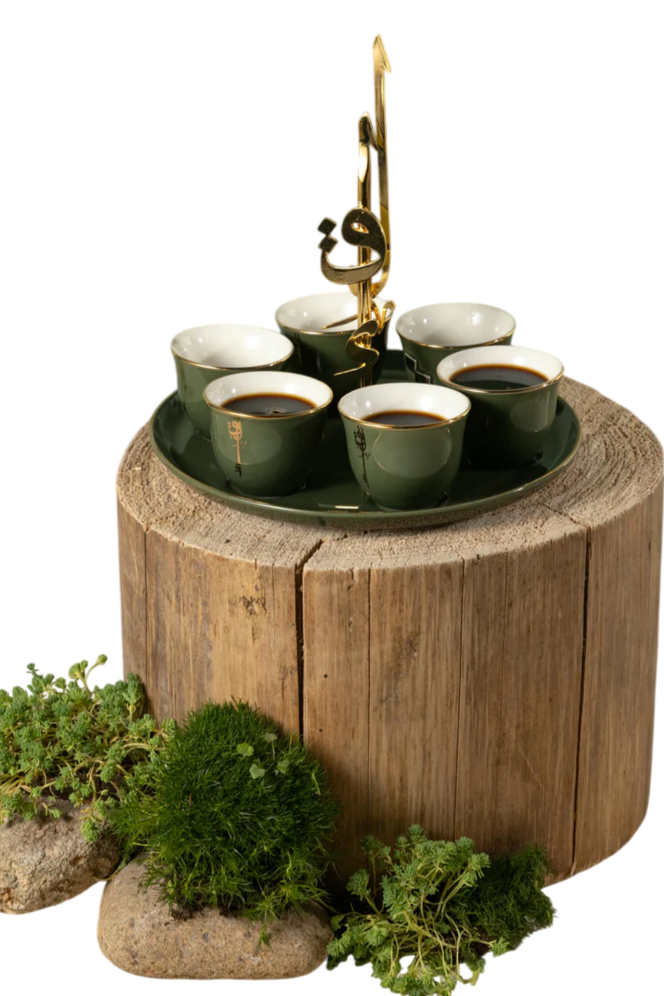 6 Arabic Coffee Cups With Stand And Handle - Olive + Gold