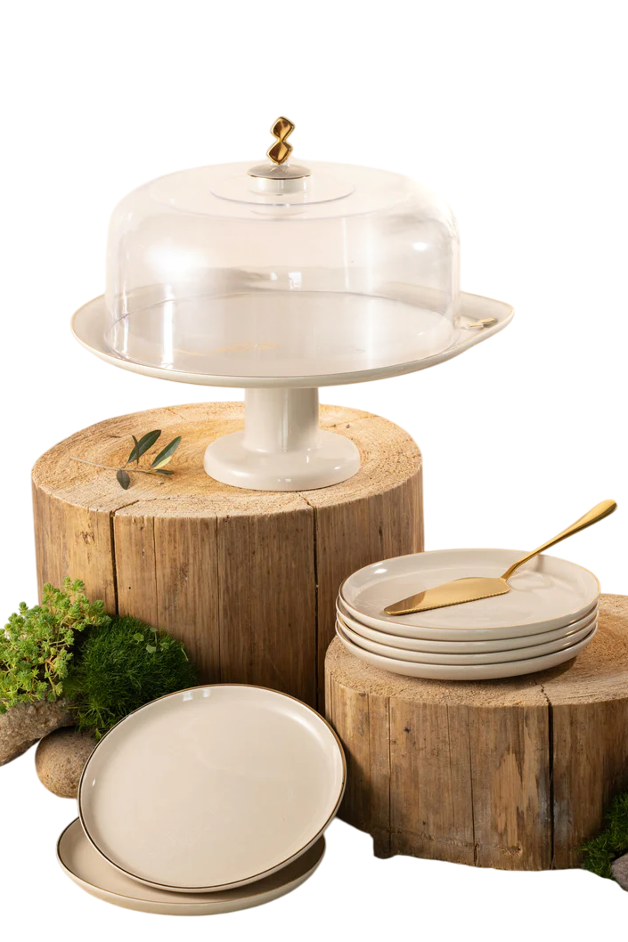 6 Plates And Stand With Acrylic Cover With Knife - Beige + Gold