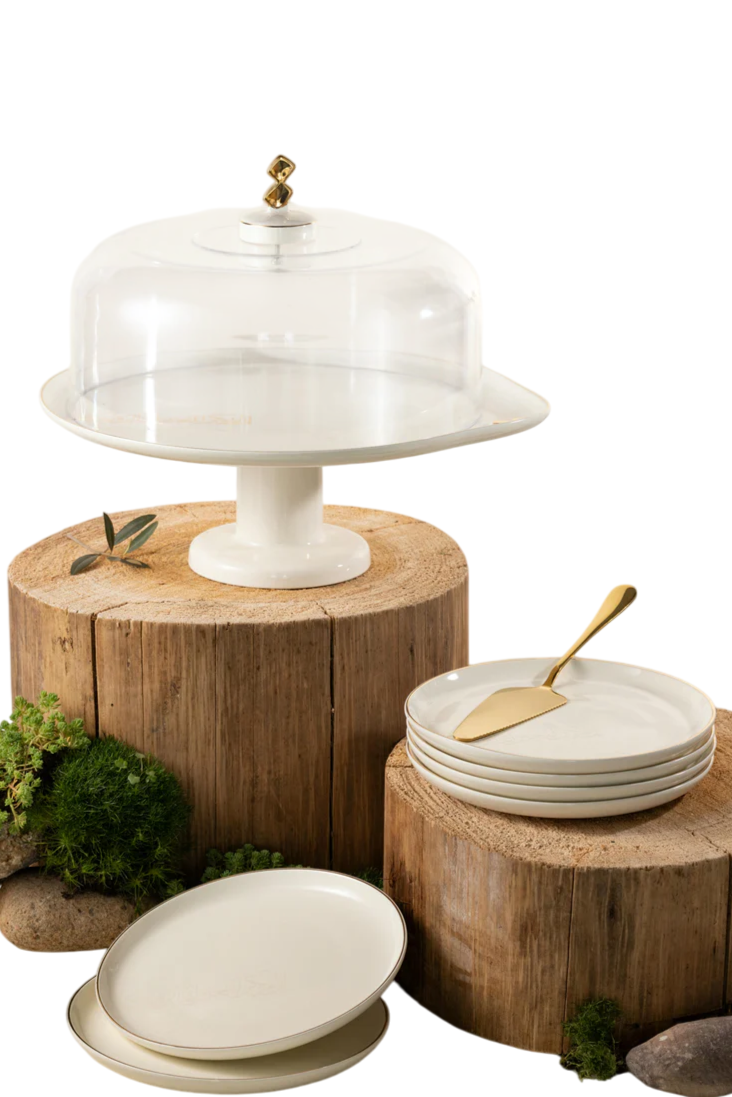 6 Plates And Stand With Acrylic Cover With Knife - Pearl White + Gold