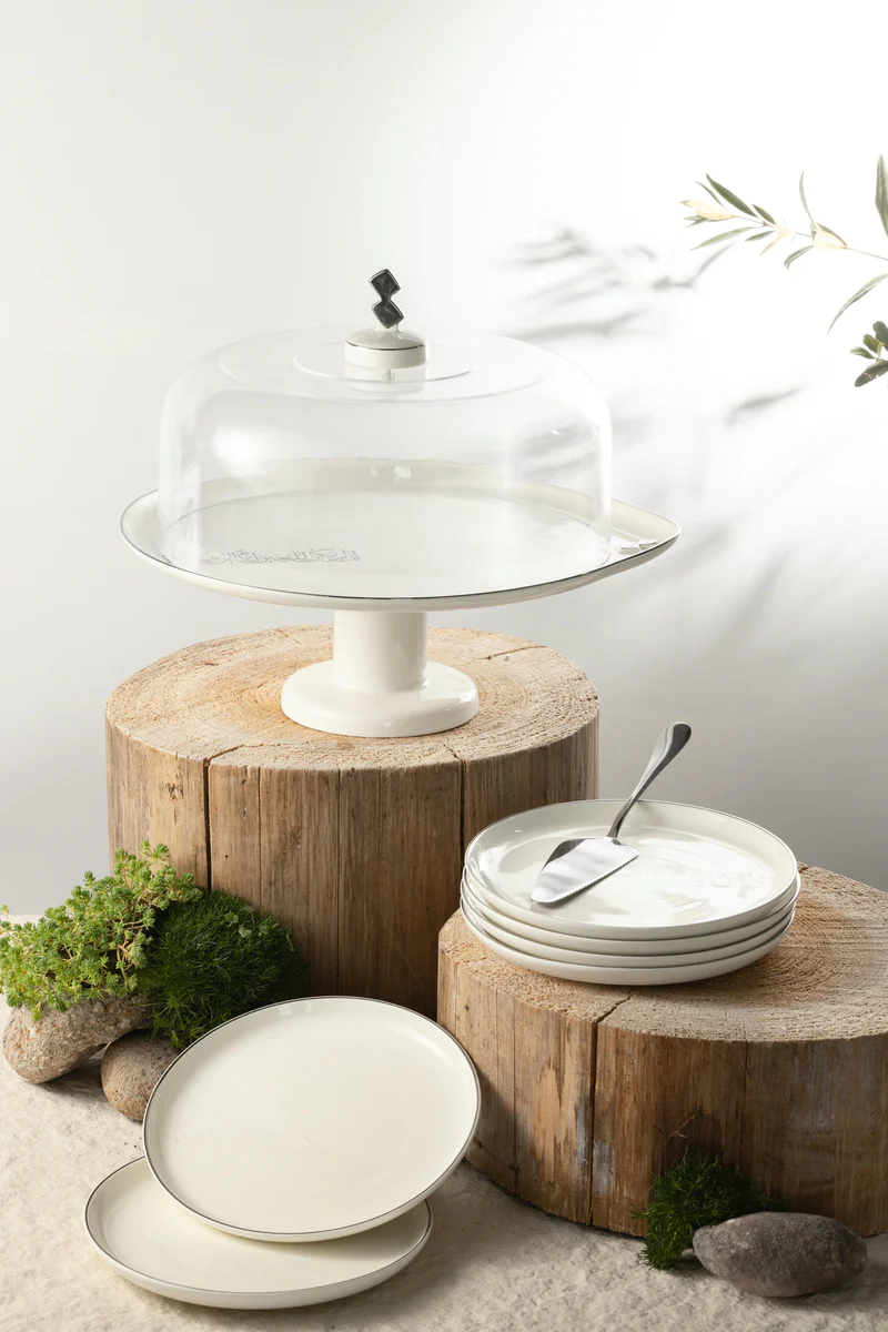 6 Plates And Stand With Acrylic Cover With Knife - Pearl White + Silver