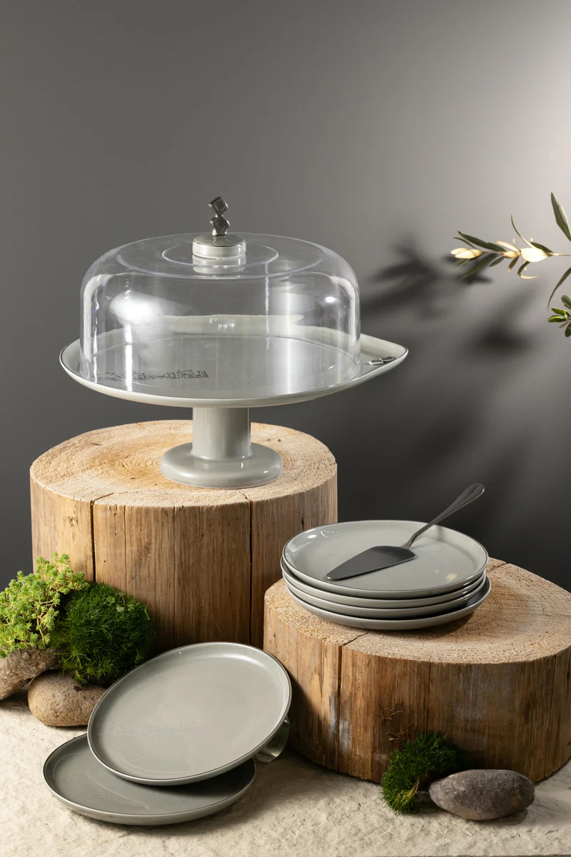 6 Plates And Stand With Acrylic Cover With Knife - Grey + Silver