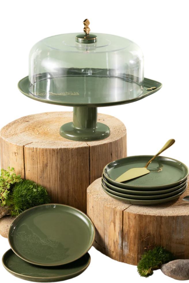 6 Plates And Stand With Acrylic Cover With Knife - Olive + Gold