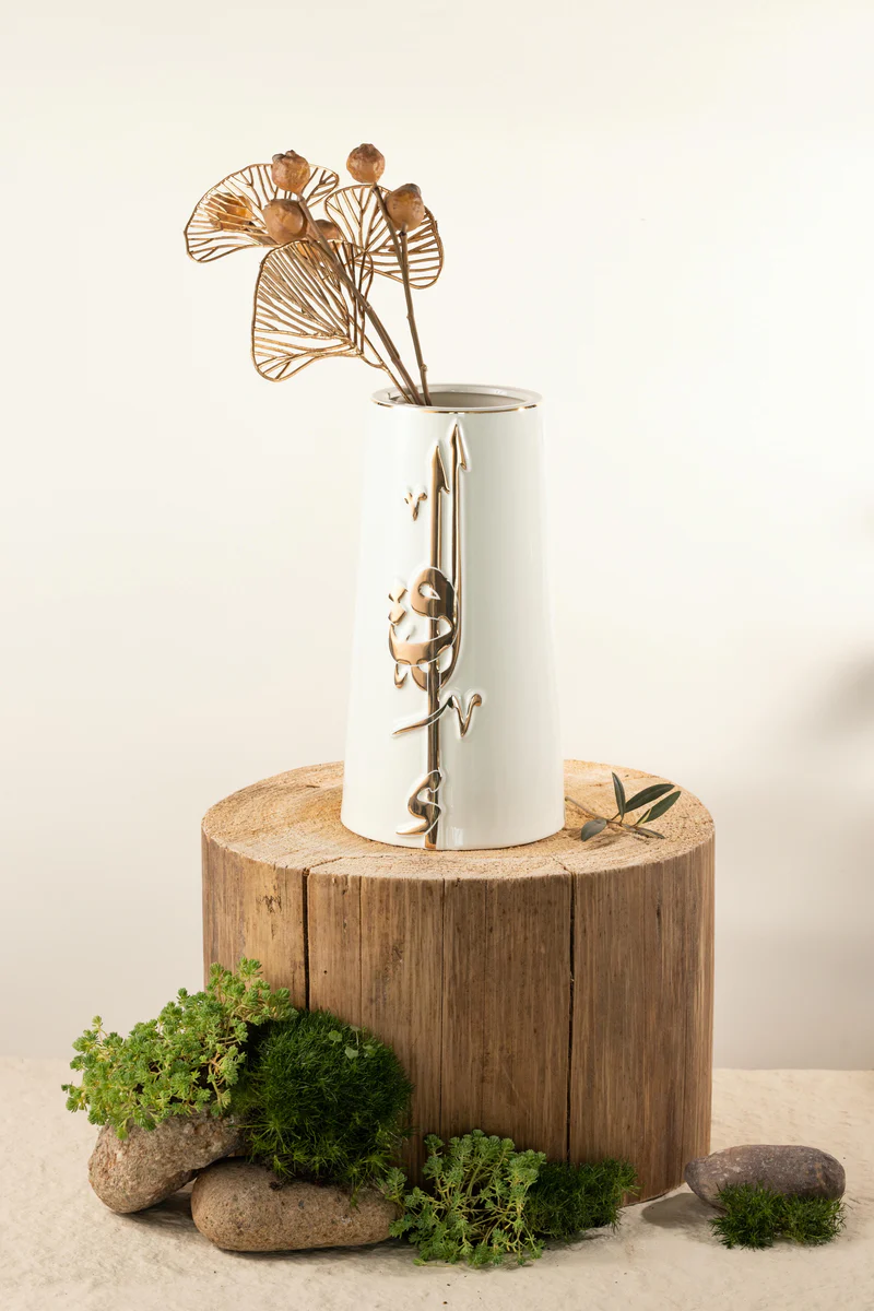 Flower Vase - L - Pearl White + Gold