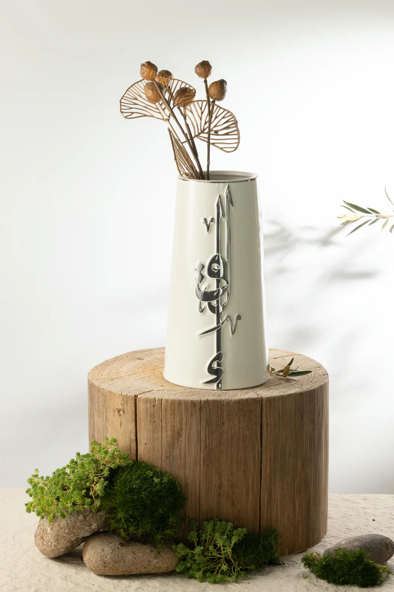 Flower Vase - L - Pearl White + Silver