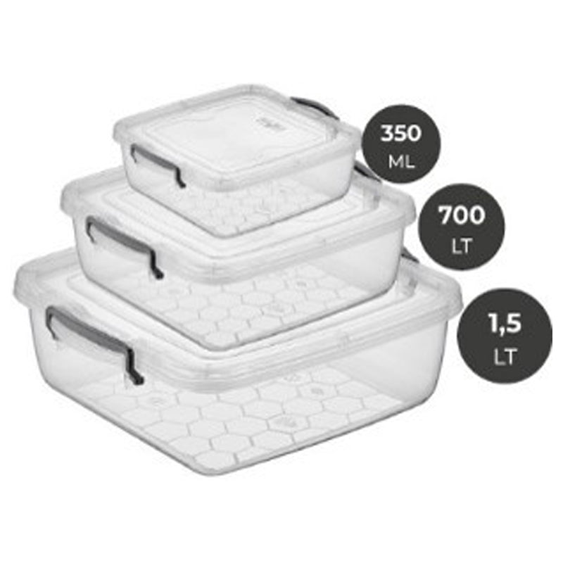 3Pc Square Storage Box Set (350Ml/700Ml/1.5Ltr) - Clear