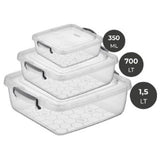 3Pc Square Storage Box Set (350Ml/700Ml/1.5Ltr) - Clear