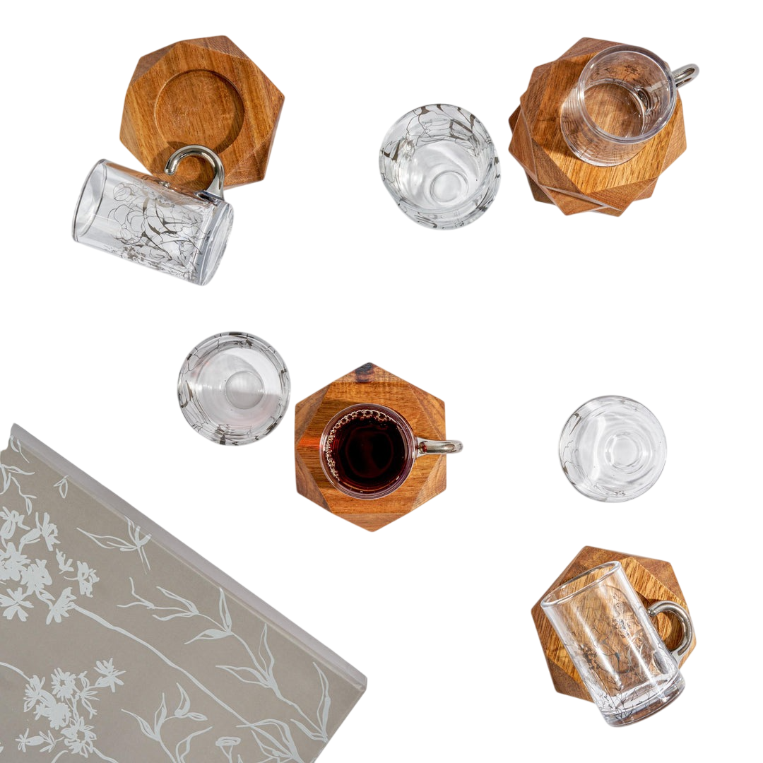Istikanah Cup Set With Wooden Saucer 18 Pcs - Clear