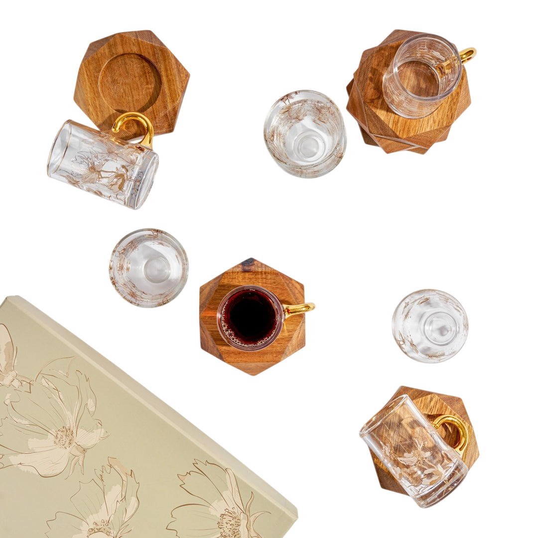 Istikanah Cup Set With Wooden Saucer 18 Pcs - Clear