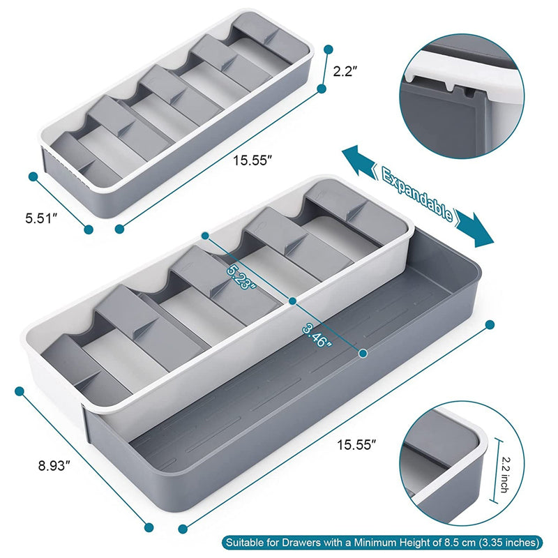 Utensil Drawer Organizer Tray 39.5X14-22.8X5.6Cm 559G - White/Silver