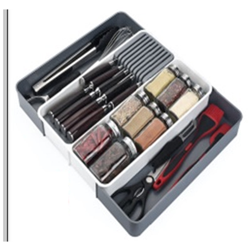 Spice And Knife Drawer Organizer Tray Set - White/Silver